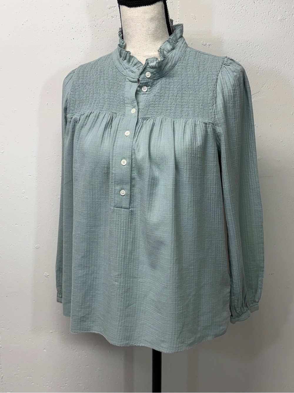 Smocked Ruffle Collar Peasant Blouse - Sage Green